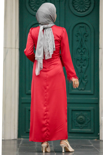 Neva Style Drape Detailed Red Hijab Satin Evening Dress 5921K