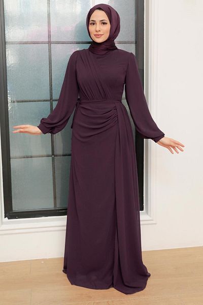 Neva Style Drape Detailed Purple Hijab Evening Dress 5711Purple