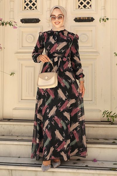 Neva Style Patterned Dusty Rose Hijab Dress 27930Gk