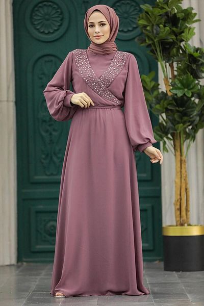 Neva Style Dusty Rose Hijab Evening Dress with Bead Detail 22153Gk