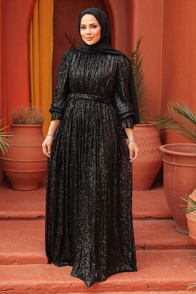 Neva Style Βραδινό φόρεμα με παγιέτες μαύρο χιτζάμπ 44961s