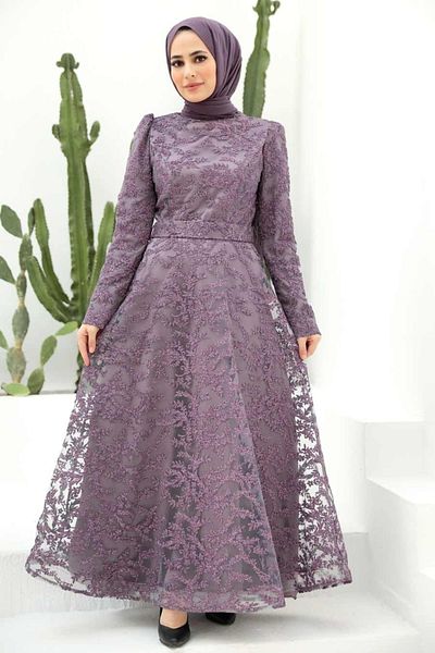Neva Style فستان سهرة حجاب دانتيل داكن وردي مغبر 3330kgk