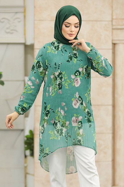 Neva Style زهرة منقوشة الحجاب الأخضر تونك 91236cy