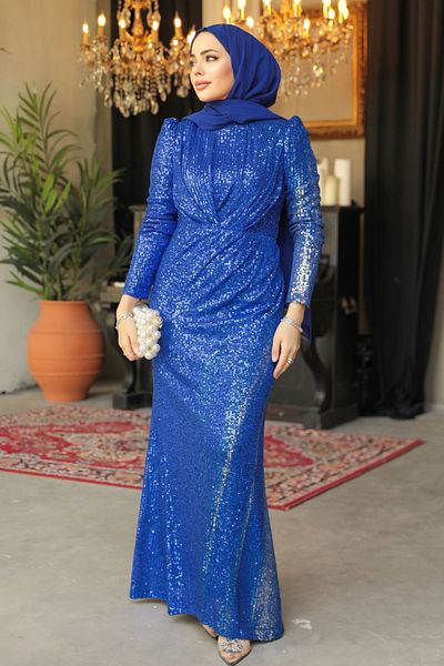 Neva Style Βραδινό φόρεμα με κέντημα με παγιέτες Sax Blue Hijab 3976sx