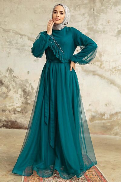 Neva Style Rochie de seara Hijab - Rochie de seara Hijab verde petrol cu detaliu perlat 25841py