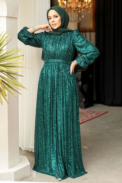 Neva Style Rochie de seară hijab verde cu paiete 44961y