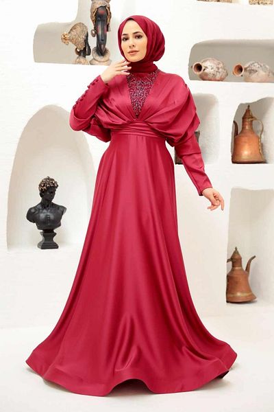 Neva Style Rochie de seara musulmana burgundy brodata cu margele 22451br