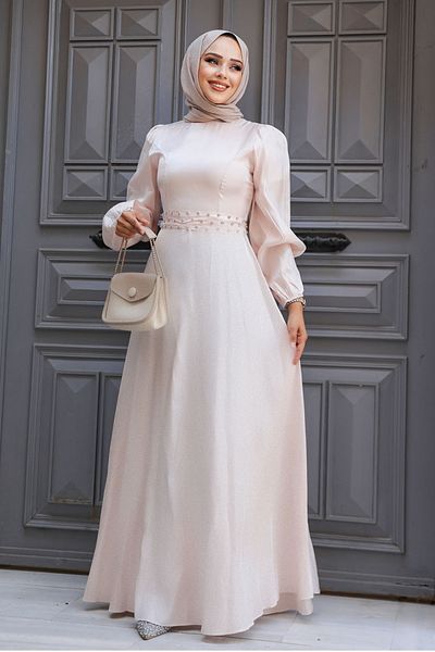 Neva Style Rochie de seară hijab pudră cu mărgele 23301pd