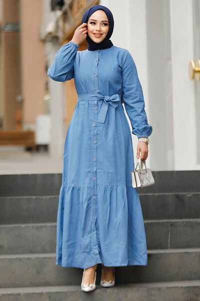 Neva Style Rochie albastră hijab din denim cu centură 19107M