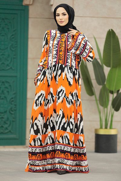 Neva Style Rochie Atlas Hijab Portocaliu cu Motiv Floral 5037t