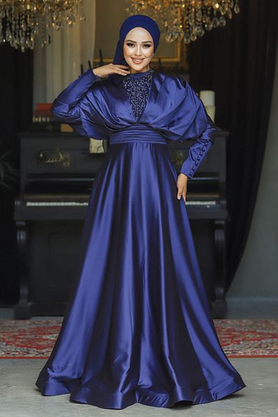 Neva Style Βραδινό φόρεμα με κεντημένο με χάντρες Navy Blue Hijab 22451l