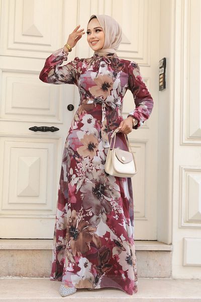 Neva Style - Rochie Hijab Cireș cu Motiv Floral 27925vsn