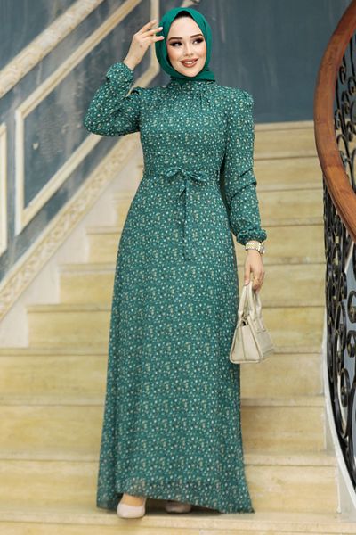 Neva Style Floral Patterned Green Hijab Dress 279311 Cy