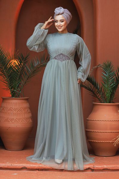 Neva Style Tulle Mint Hijab Evening Dress 54230mint