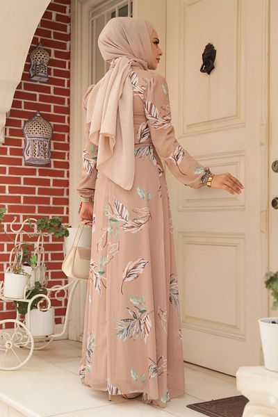 Neva Style Rochie Hijab Biscuit cu Motiv Frunze 279316 bs