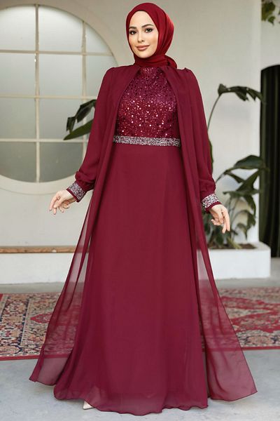 Neva Style Burgundy Hijab Evening Dress with Cloak 25876BR
