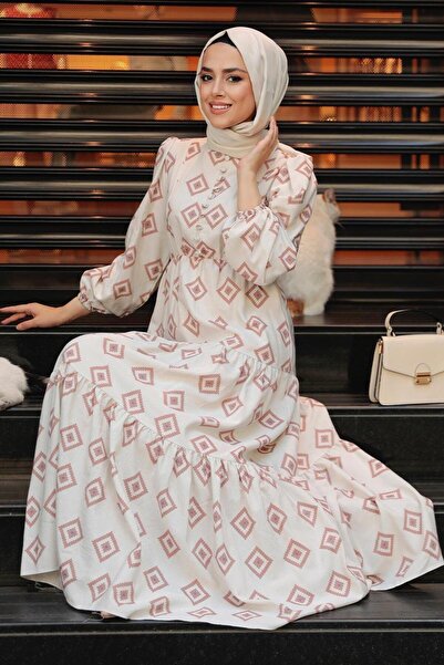 Neva Style Patterned Dark Salmon Hijab Dress 10229Ksmn