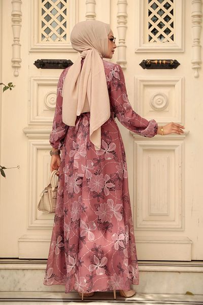 Neva Style Floral Patterned Dusty Rose Hijab Dress 279079 Gk