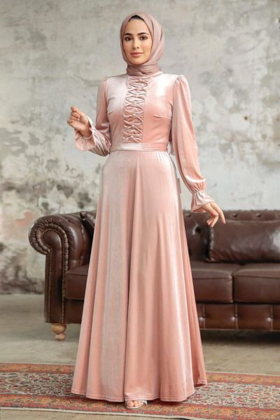 Neva Style Pearl Detailed Salmon Hijab Velvet Dress 37091Smn