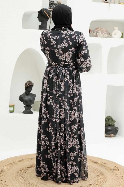 Neva Style - Floral Patterned Black Hijab Dress 56830s