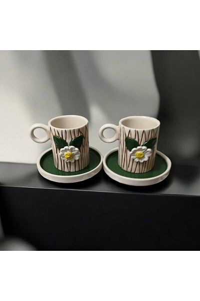 seda seramik Handmade Design White Floral Log 4-Piece Coffee Cup Set for 2 People