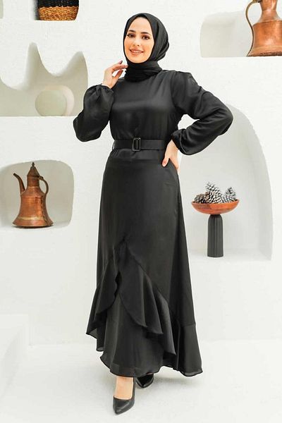 Neva Style Rochie de seară cu volan neagră Hijab 4566s