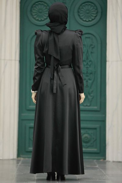 Neva Style Rochie Hijab neagră din satin cu centură 7725s