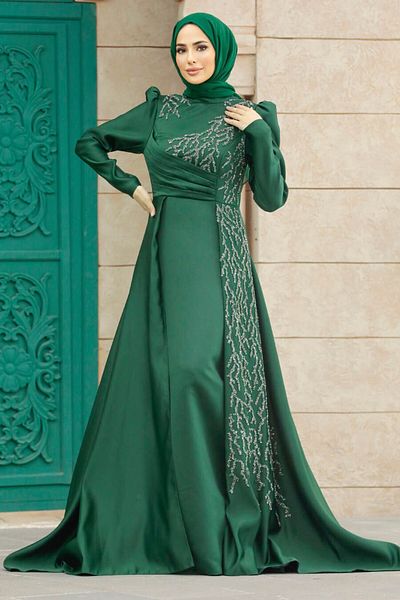 Neva Style Beaded Emerald Green Hijab Evening Dress 2295Zy