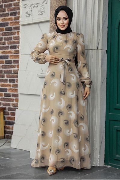 Neva Style - Rochie Hijab Bej cu Motive 27945bej