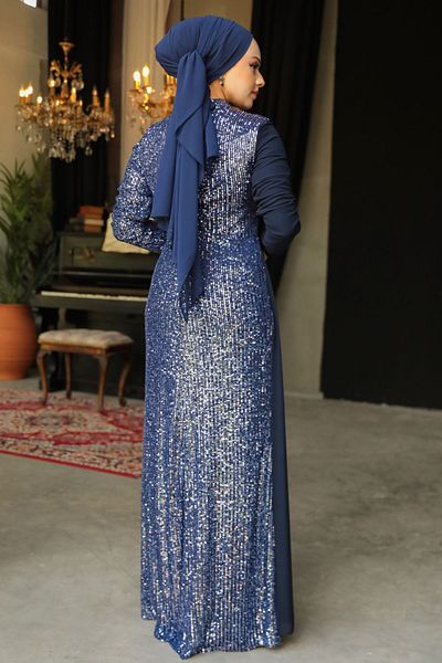 Neva Style Βραδινό φόρεμα με παγιέτες Navy Blue Hijab 25851l