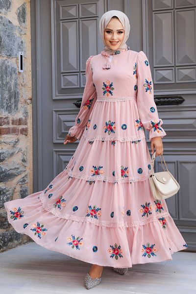 Neva Style Powder Color Embroidery Patterned Hijab Dress - 45541PD
