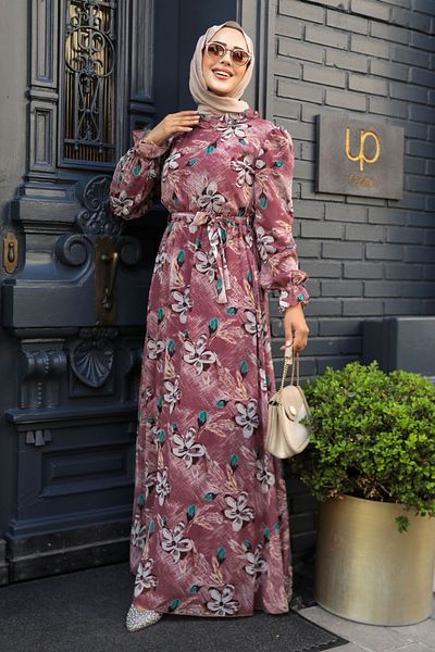 Neva Style Floral Patterned Dusty Rose Hijab Dress 29710Gk
