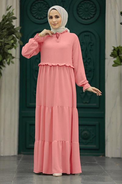 Neva Style Folded Pleated Dusty Rose Hijab Dress 5854Gk