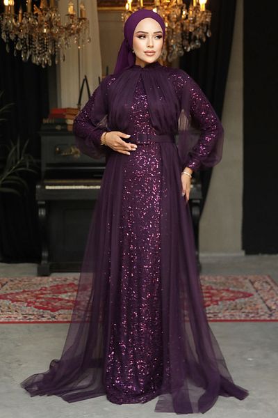 Neva Style Rochie de seara Hijab - Rochie de seara Hijab din Prune Paiete 5441mu