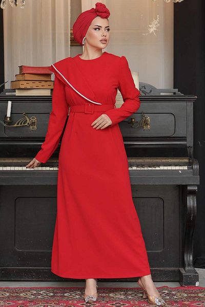 Neva Style Rochie de seara hijab rosie cu centura cu catarama 664k
