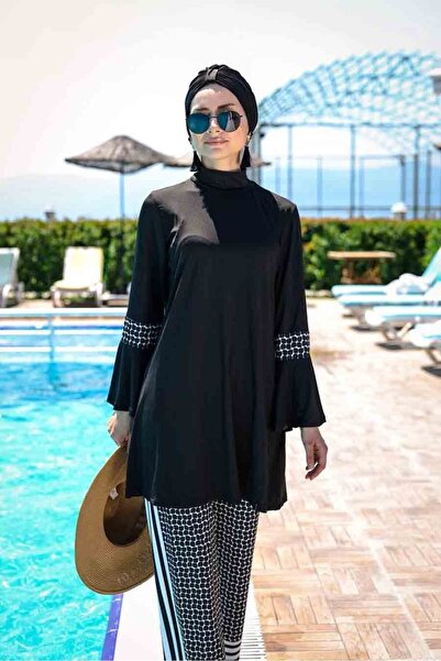 Neva Style 1960S Dot Detailed Black Hijab Swimsuit - Full Covered
