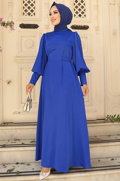 Neva Style Balloon Sleeve Sax Blue Hijab Σατέν Βραδινό Φόρεμα 61031sx