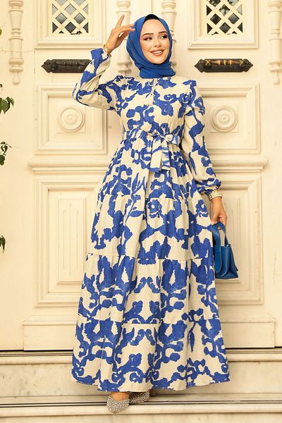 Neva Style Indigo Blue Patterned Hijab Dress - 23143im