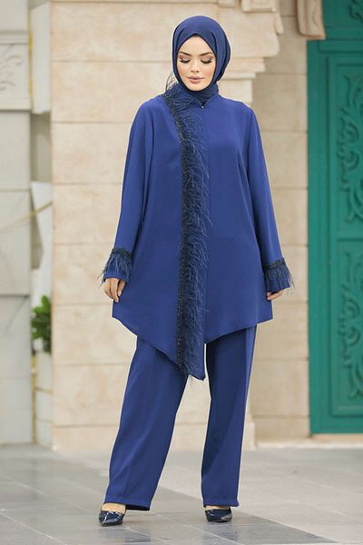 Neva Style طقم حجاب أزرق نيلي مزدوج بتفاصيل ريش 40025ım