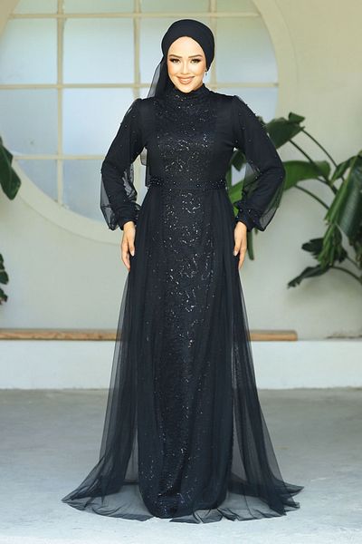 Neva Style Βραδινό φόρεμα με παγιέτες κεντημένο μαύρο χιτζάμπ 5632s