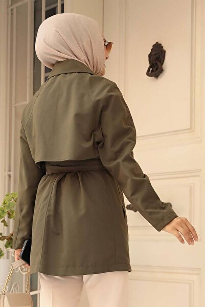 Neva Style Khaki Hijab Short Trench Coat - Buttoned, 19024Hk