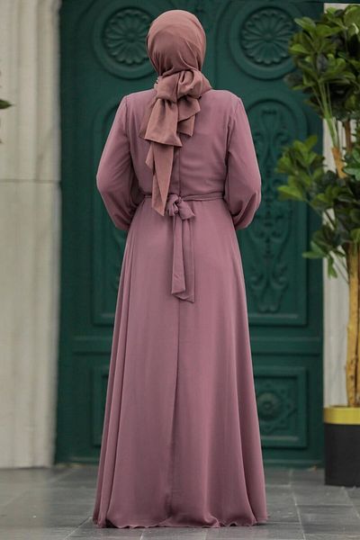 Neva Style فستان سهرة حجاب وردي مغبر مزين بالخرز 22153gk