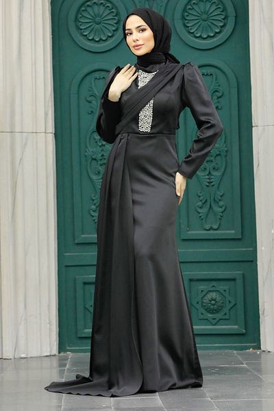 Neva Style Rochie de seară hijab din satin negru cu trenă 22891s