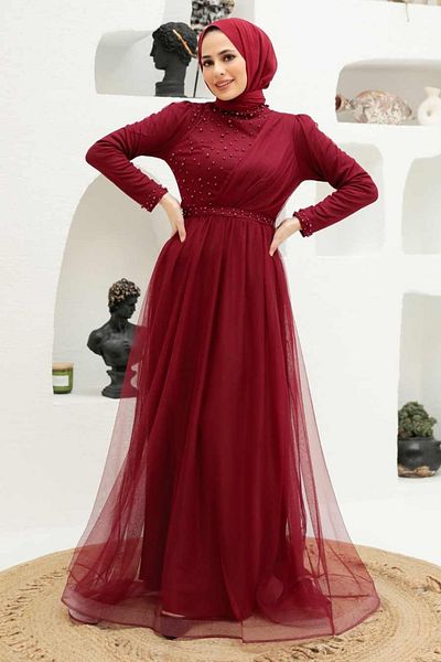 Neva Style Rochie de seara Hijab - Rochie de seara Hijab Rosie Claret cu Detaliu Perla 56641br