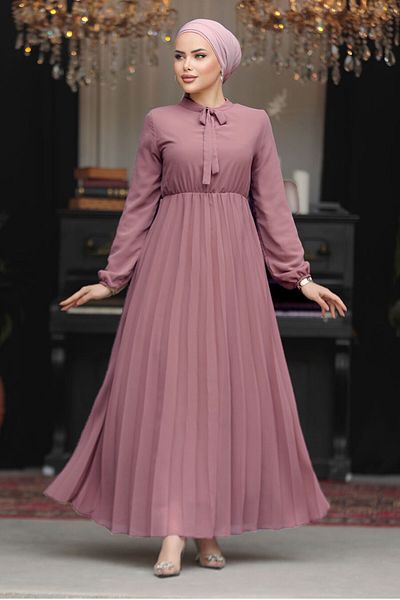 Neva Style Rochie Hijab Dusty Rose cu guler legat 50351GK