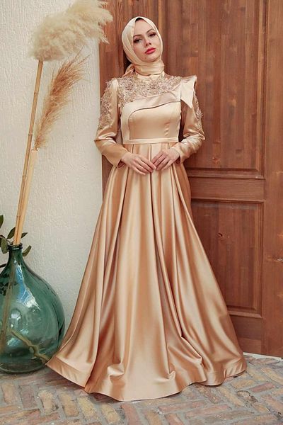 Neva Style Rochie de seara cu hijab - Rochie de seara hijab aurie brodata cu margele 22351aur
