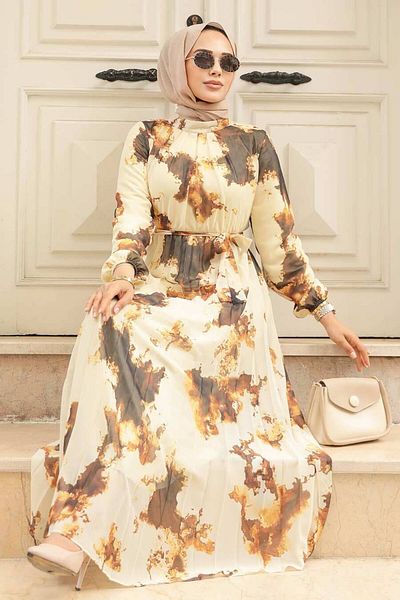 Neva Style Mustard Patterned Hijab Dress - 34461HR