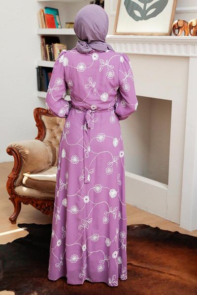 Neva Style Rochie Hijab Liliac cu Motive Florale 32944lıla
