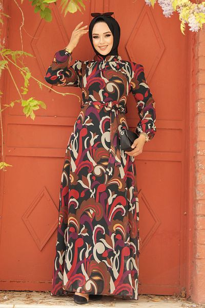 Neva Style - Rochie neagră cu hijab cu modele florale 27936s