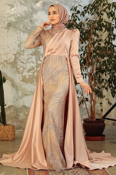 Neva Style Rochie de seara cu hijab - Rochie de seara hijab din satin auriu cu coada 22924aur